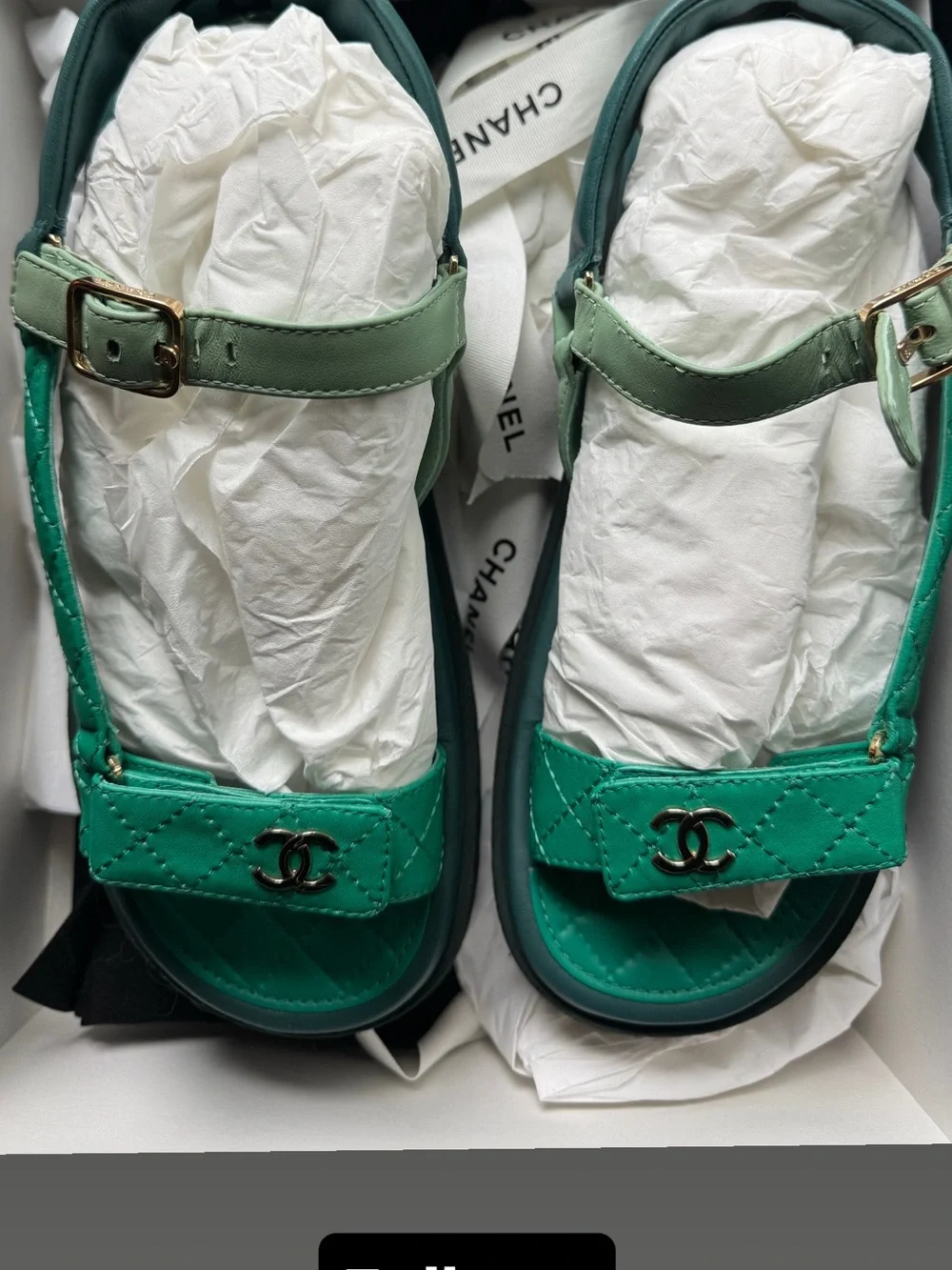 Chanel 2023 Pre-Spring Two-Tone Green Quilted Leather Sandals Size 39 with box